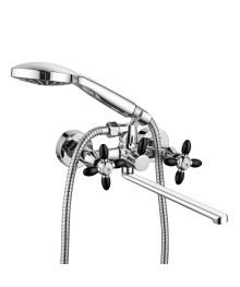 Смеситель СоюзКран для ванны с душем SK08-P243 прямой излив 30см, кер. кр-б. 1/2, цинк, хром/черный