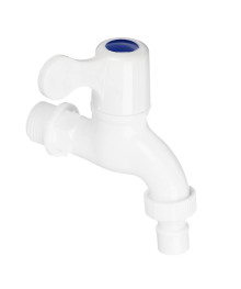 Кран водоразборный, 1/2" (15 мм), пластик, ручка-флаг, со штуцером, белый