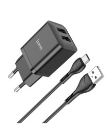 Блок пит USB сетевой  HOCO N25 Maker 2хUSB-A, + кабель USB-A на USB-C, 2,4А, черное (13/130)