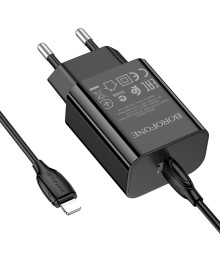Блок пит USB сетевой  BOROFONE BA65A + кабель IOS Lighting - Type-C 1м Чёрный (PD20W, 3000mA)