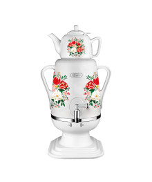 Самовар электрический Добрыня DO-434 Цветы на белом (4л, 1,8кВт, пласт.корп +завар.чайник)