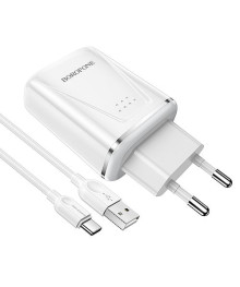 Блок пит USB сетевой BOROFONE BA54A, QC3.0, 2хUSB-А, 2.1А + кабель (AM-Type-C), 1 м, белый (35/140