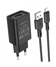 Блок пит USB сетевой  BOROFONE BA68A + кабель Lightning Чёрный (1USB, 2100mA)